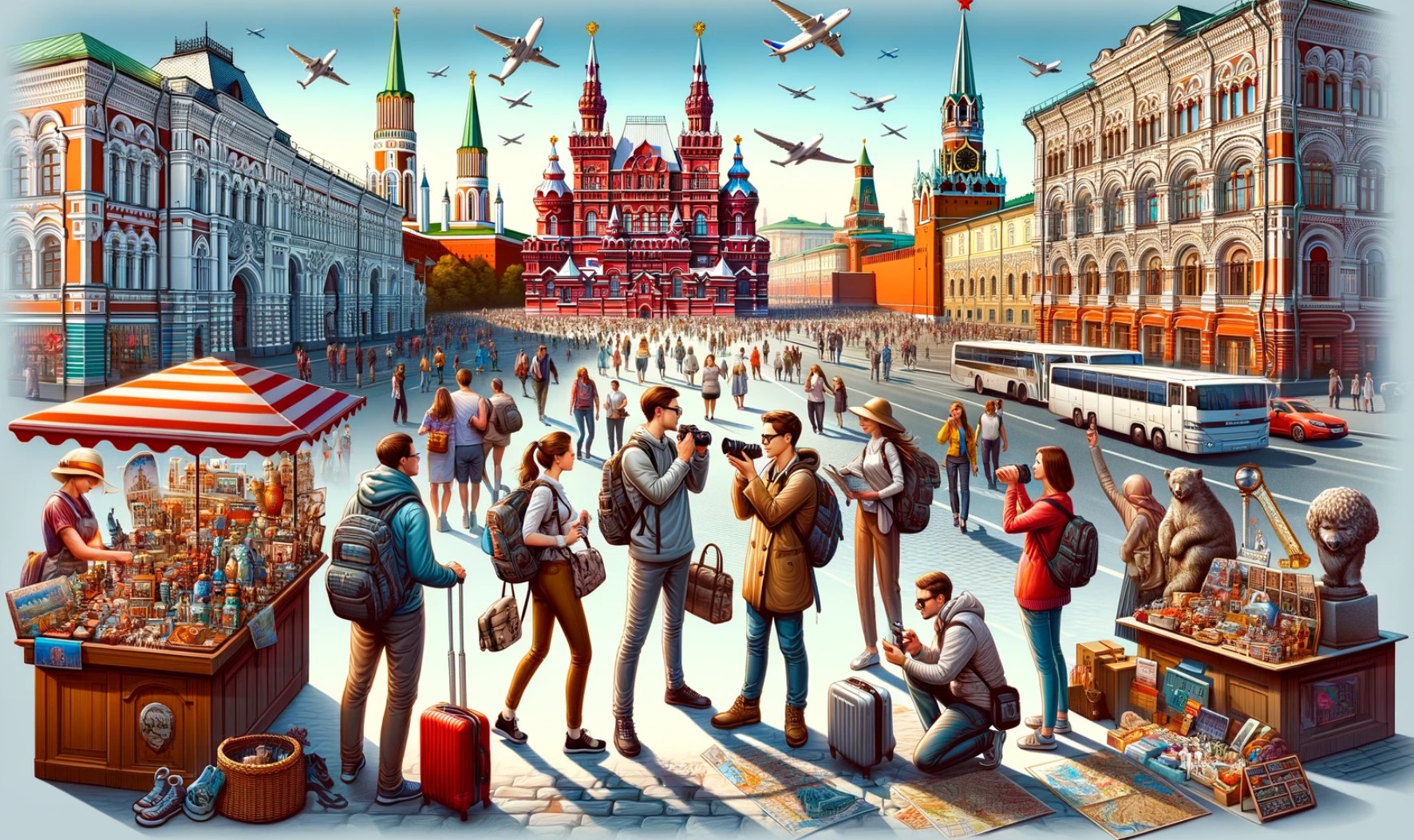 Туристы и самолеты в Москве.